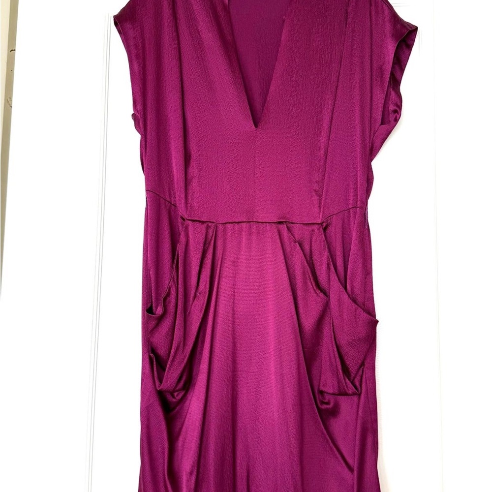 Twelfth Street by Cynthia Vincent Magenta Midi Dress with V-Neck and Pockets